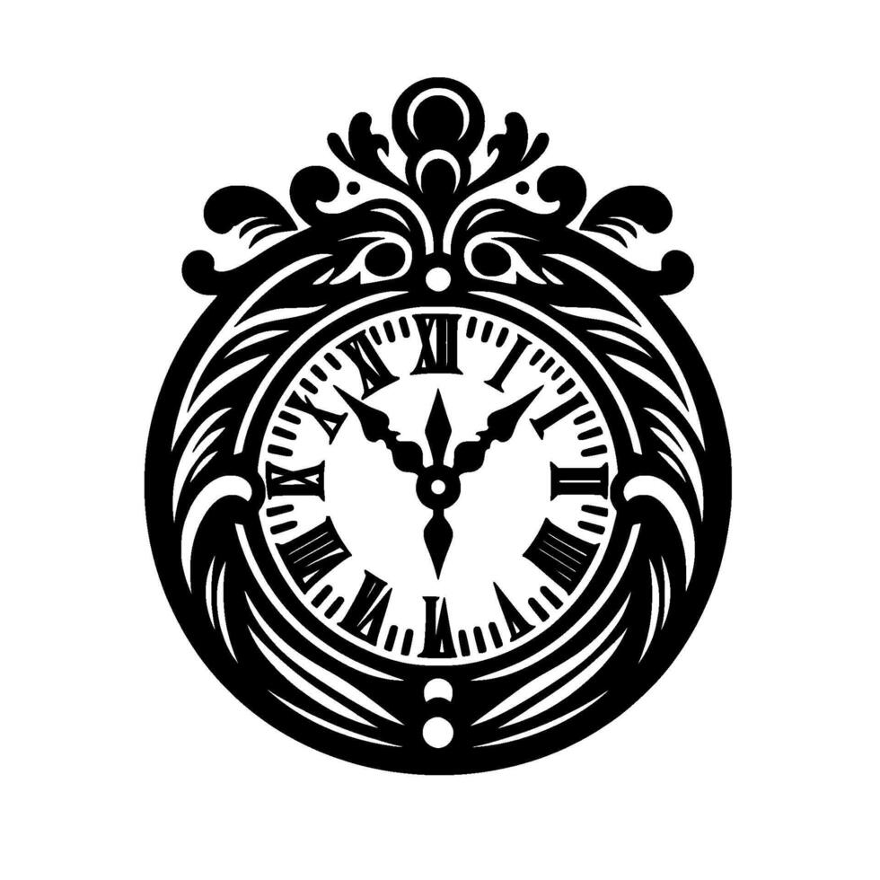 Intricate Black and White Illustration of an Ornate Antique Clock, Featuring Roman Numerals, Elegant Scrollwork, and a Classic Aesthetic. vector