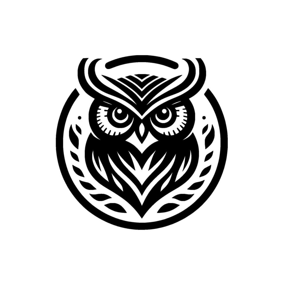 Intricate Black White Owl Crest Geometric with Leaves, Focused Eyes in a Circular Emblem on White. vector