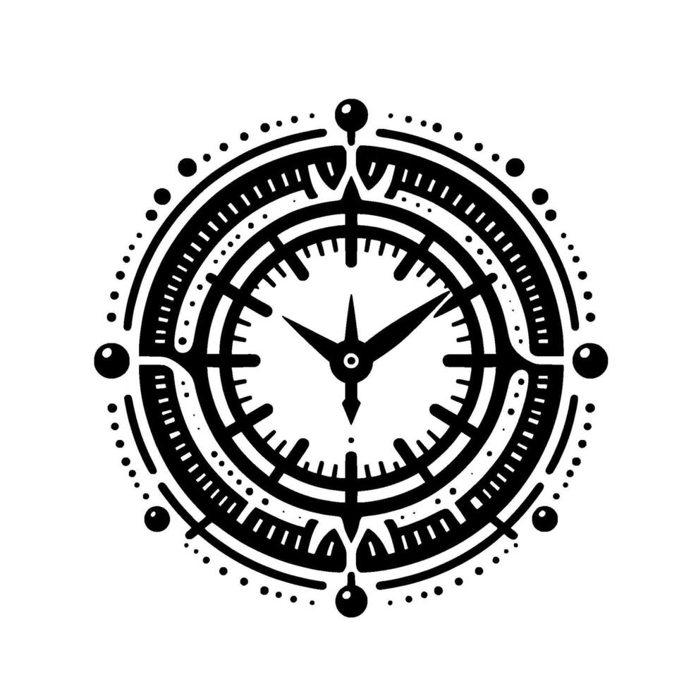 Abstract black and white clock with compasslike elements and geometric circular patterns minimalist art. vector