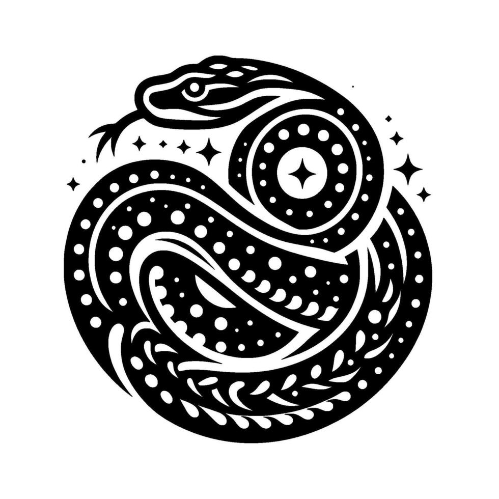 Intricate Black and White Circular Serpent with Dots, Stars, and Tribal Aesthetics on a White Background. vector