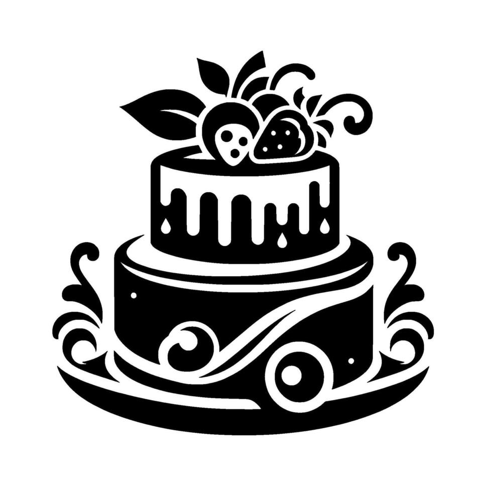 Twotiered decorative cake with drippy icing, topped with strawberries and stylized ornate flourishes in a black and white, minimalist . vector