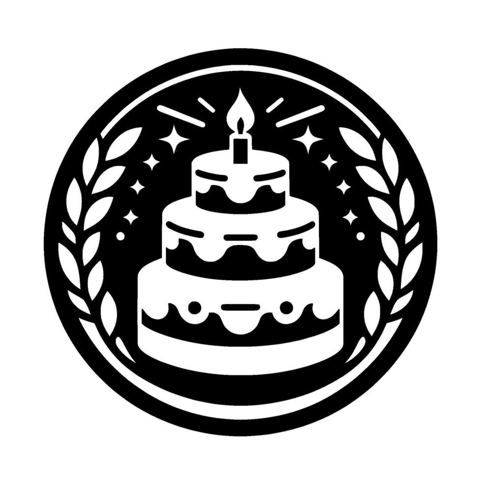 Black and White Celebration Tiered Birthday Cake with Burning Candle, Laurel Wreath, and Starbursts in a Circular Frame. vector