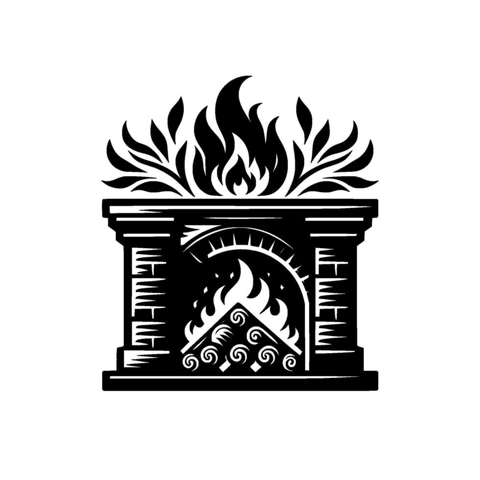 Stylized Black and White Fireplace Illustration Featuring Burning Fire, Brick Texture, Artistic Flames, and Decorative Elements. vector