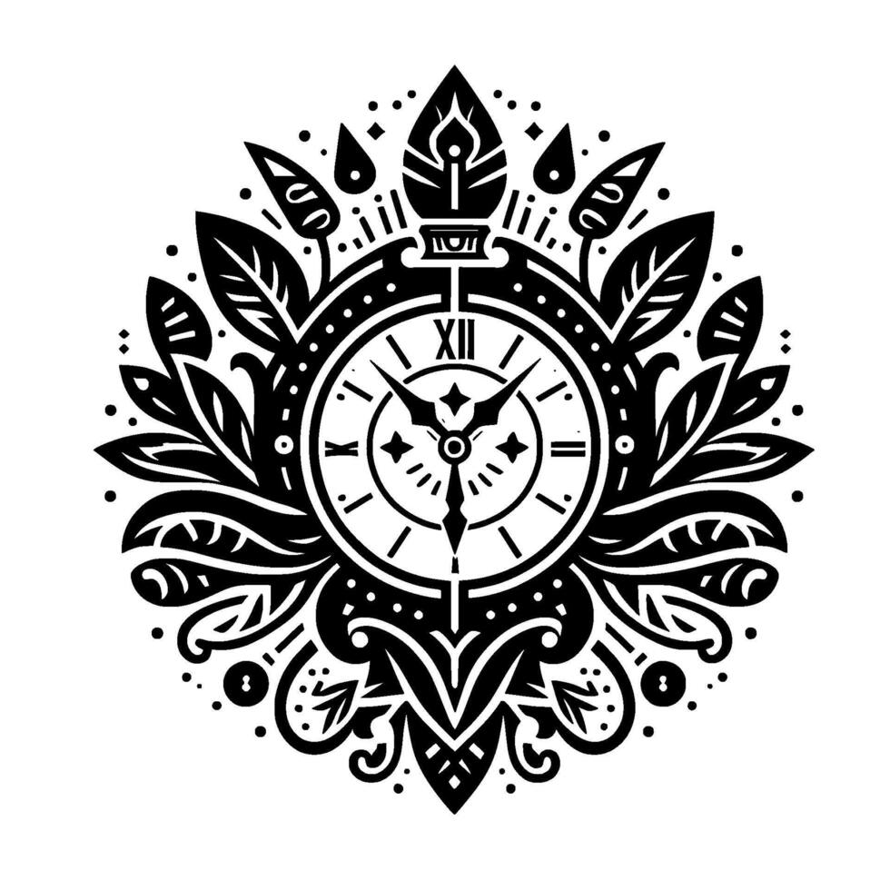 Intricate Black and White Ornamental Clock , Featuring Floral Accents and a Decorative, Symmetrical Composition. vector