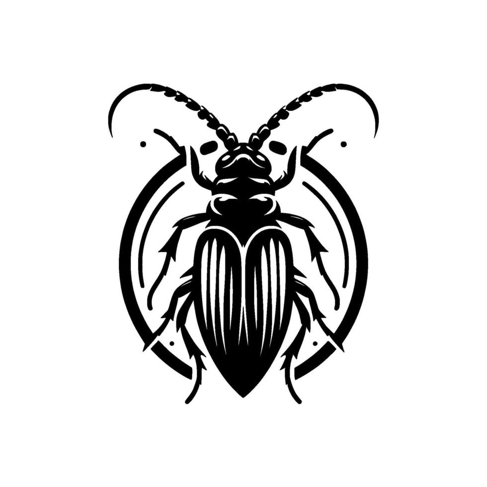 Intricate black and white illustration of a stylized beetle within a circular frame, showcasing detailed antenna and segmented body. vector