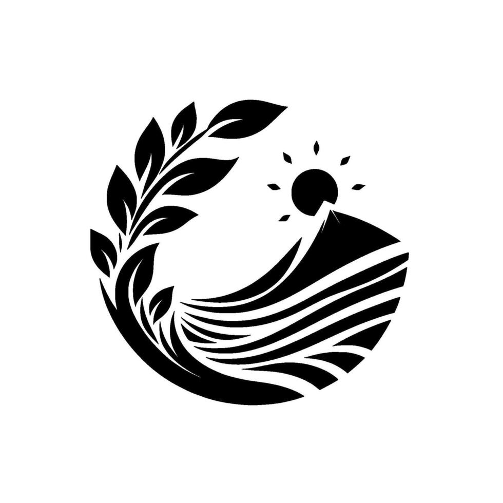Symbolic black and white depicting a landscape within a circle mountain, sun, and leaves form a cohesive natureinspired emblem. vector