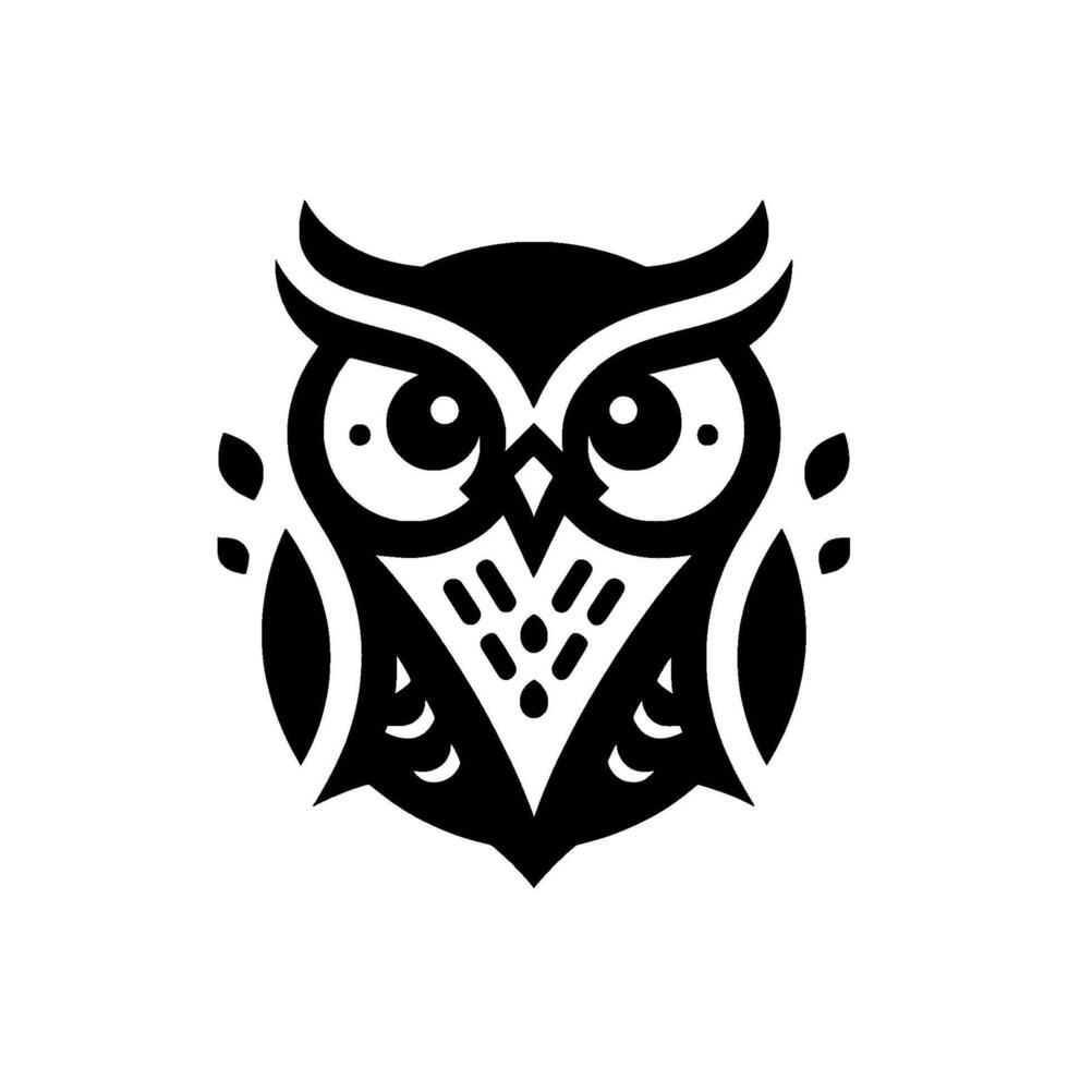 Bold, symmetrical illustration of a stylized owl in black and white, featuring detailed feathers, sharp edges, and a minimalist aesthetic. vector