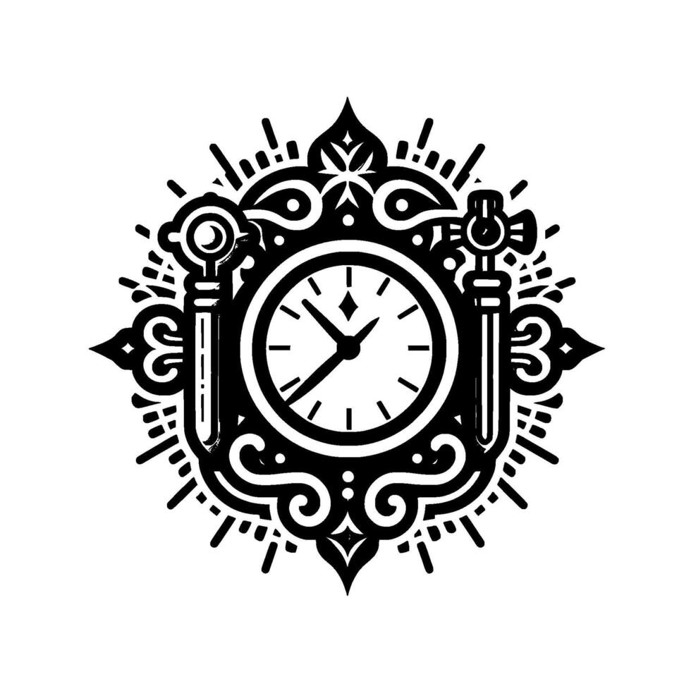Ornate Black and White Clock with Decorative Keys and Scrollwork, Detailed Vintage Style. vector
