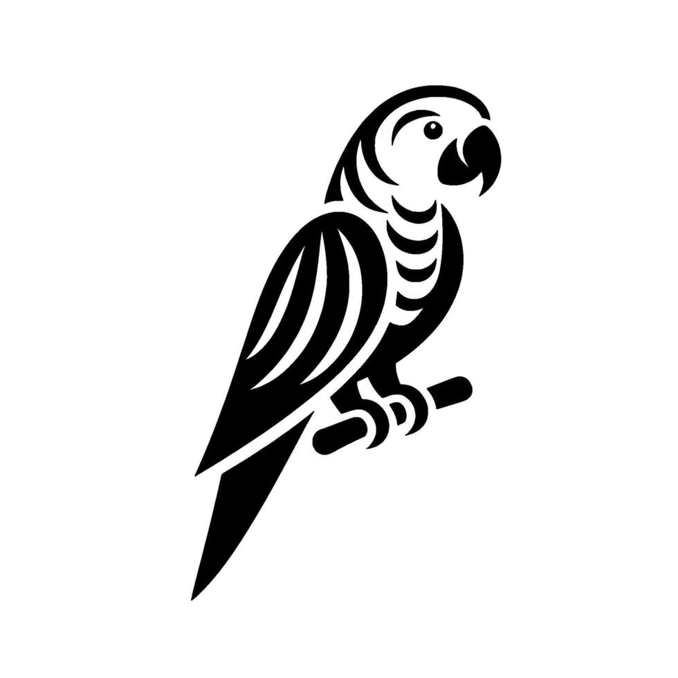 Black and White Parrot Silhouette Perched on a Branch with Minimalist on White Background. vector