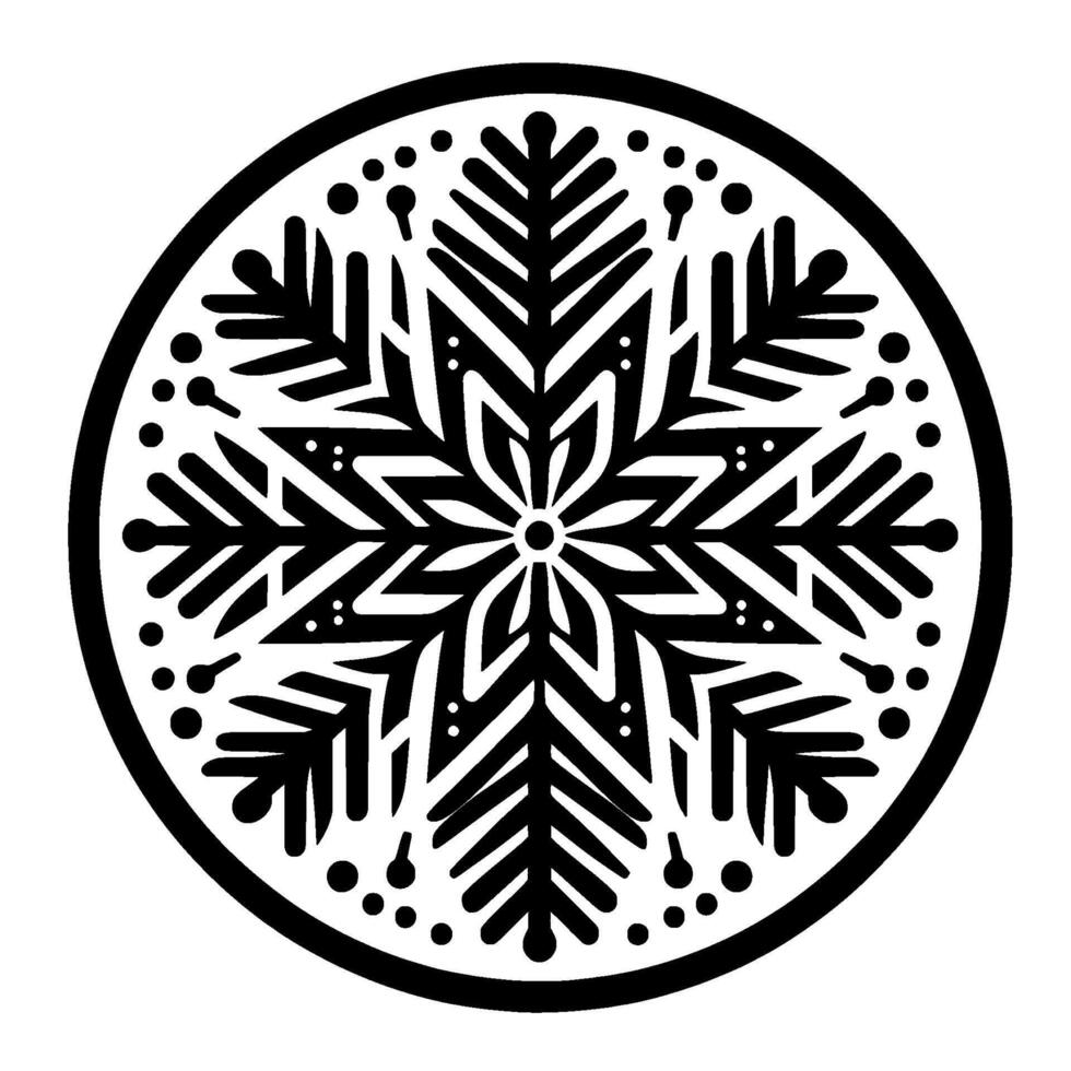 Intricate Black and White Circular Snowflake Featuring a Detailed Floral Pattern with Dots and Geometric Accents on a White Background. vector