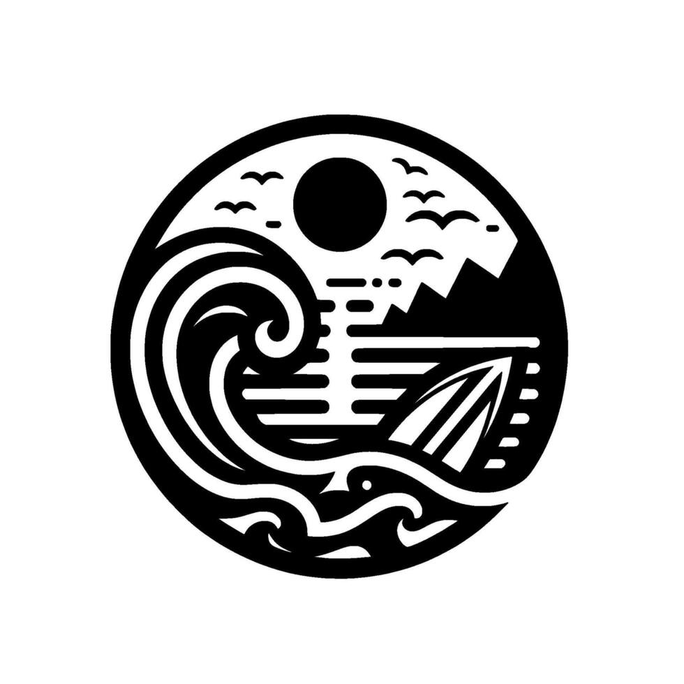 Stylized black and white circular featuring a bold wave, sunset, mountain, sailboat, and birds evoking serenity. vector