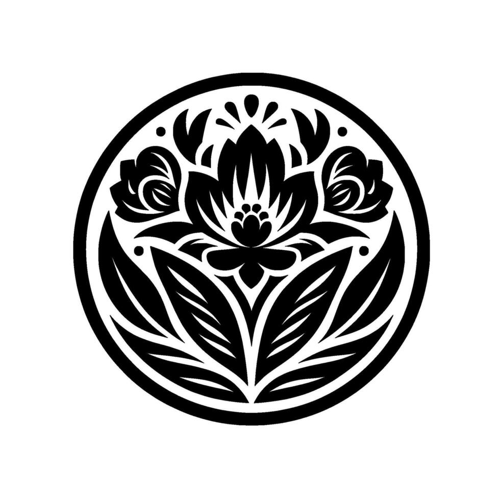 Intricate Black and White Floral Mandala Within a Circular Frame Showcasing Lotus and Ornamental Leaves. vector