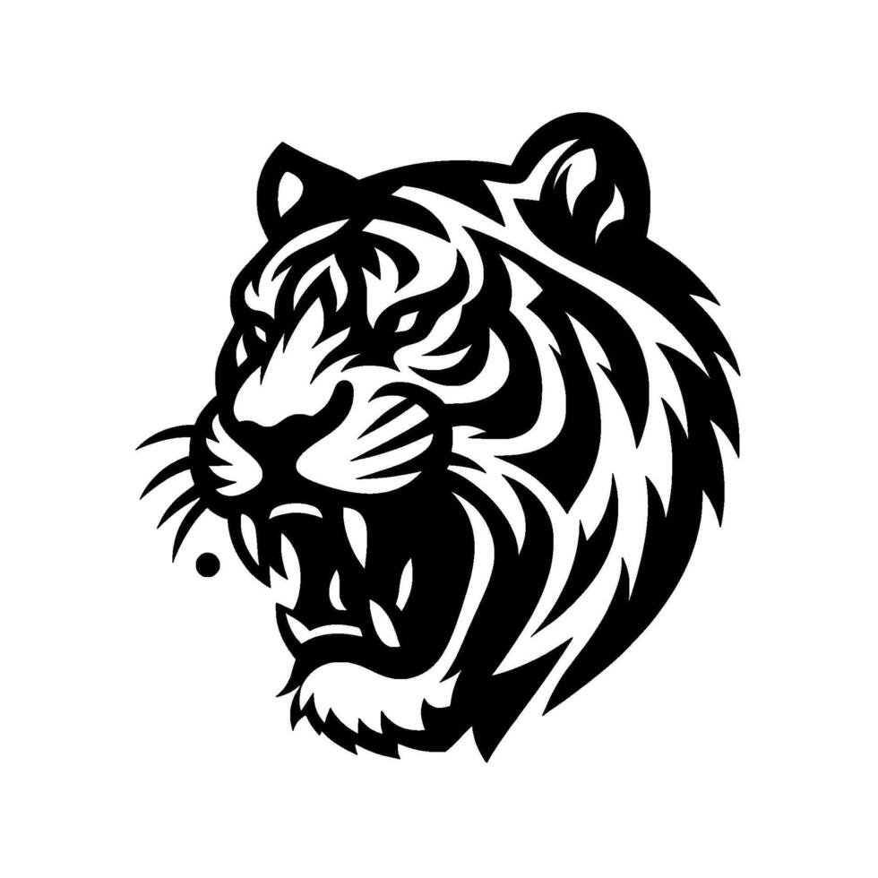 Bold Black and White Tiger Head , Grinning with a Fierce Expression, Illustrative Silhouette on White Background. vector