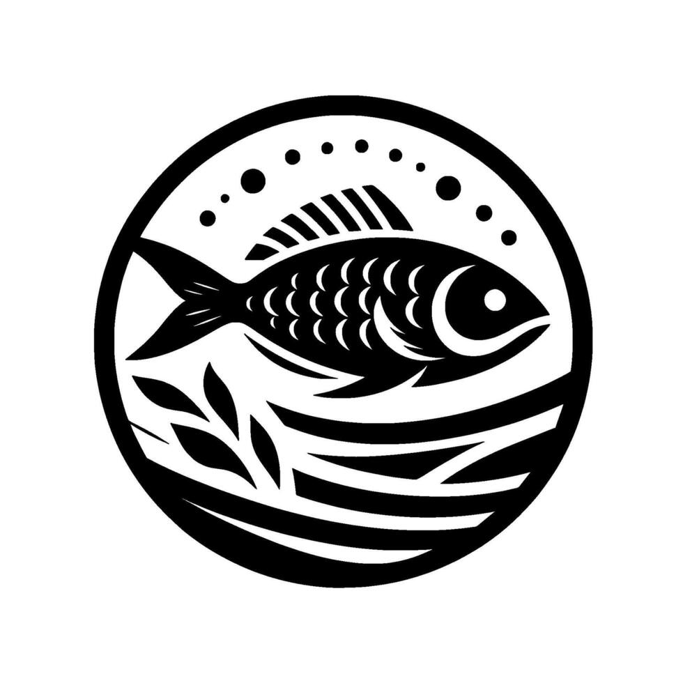 Black and white circular illustration of a stylized fish swimming in water with bubbles, leaves, and a minimalist . vector