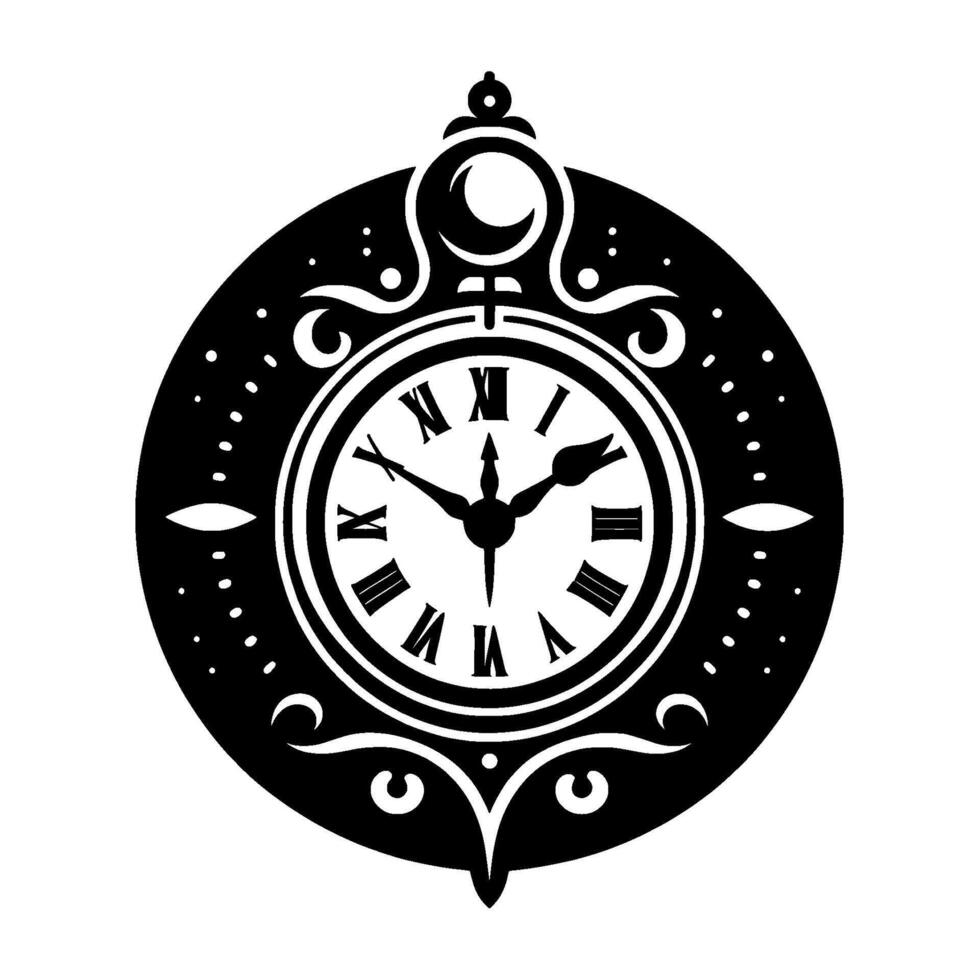 Intricate Black and White SteampunkInspired Clock with Roman Numerals and Decorative Ornaments. vector