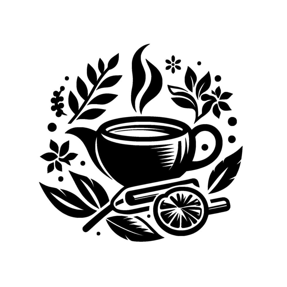 Elegant Black and White Tea Still Life Teapot, Cup, Lemon, Herbs, Steam in a Circular, Decorative Composition. vector