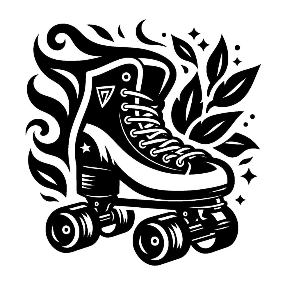 Stylized Roller Skate Artwork with Leaves, Moon, and Stars in Black and White vector