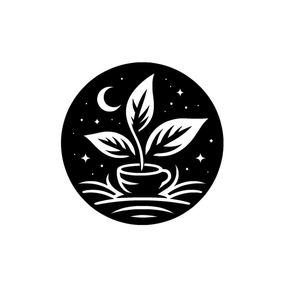 A stylized, minimalist black and white illustration within a circle, depicting a plant growing from a teacup under a crescent moon and stars, evoking a sense of tranquility and nocturnal growth. vector