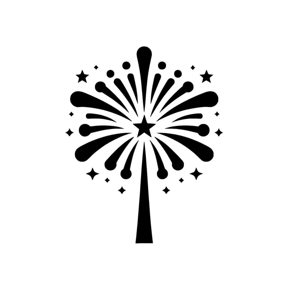Minimalist black and white firework with a central starburst, emanating rays and star accents on white background. vector