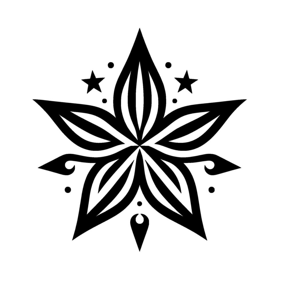 Geometric Black and White StarFlower Mandala, Symmetrical with Star Elements and Dot Accents on Clean White Background. vector