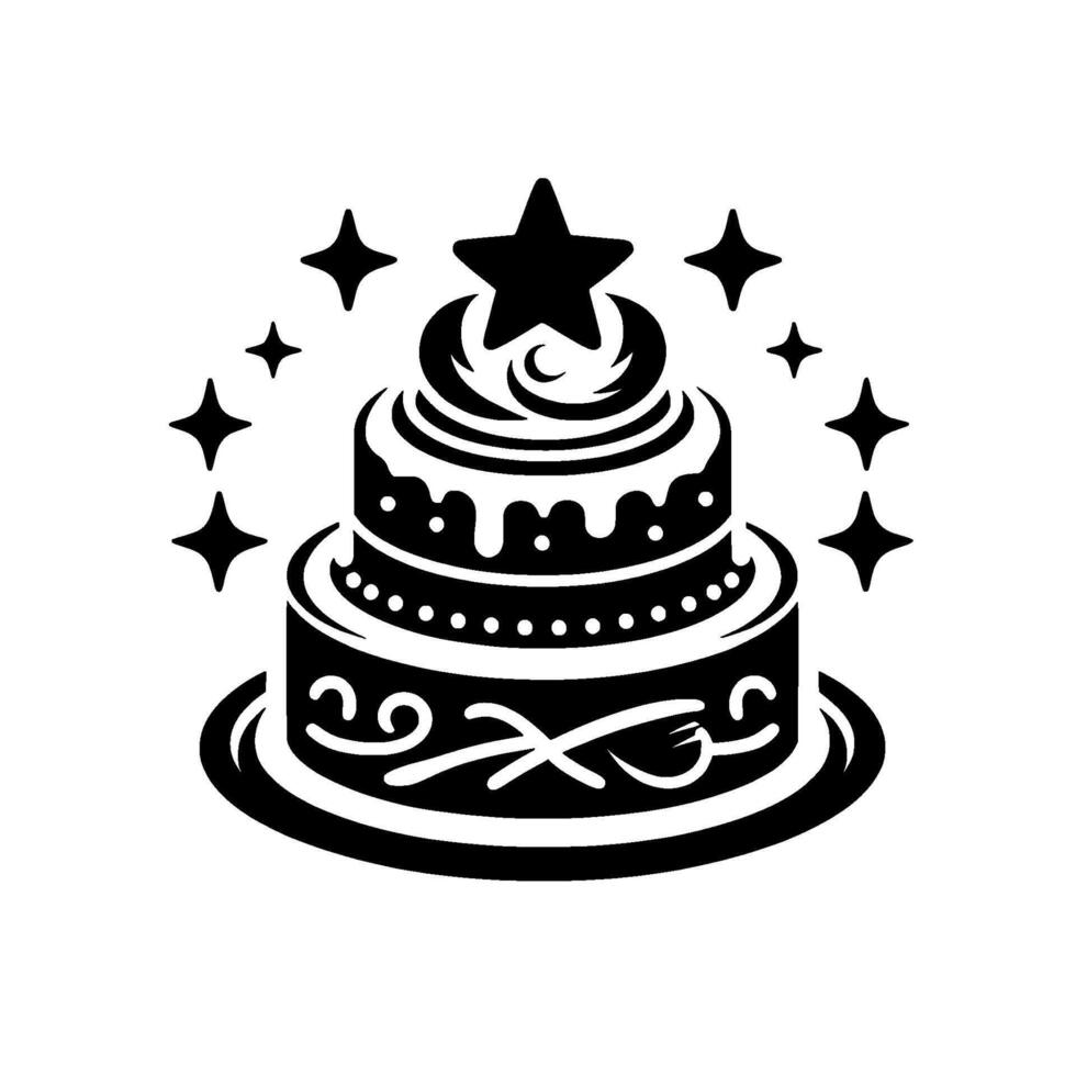 Black and white illustration of a tiered cake decorated with a star, surrounded by starshaped accents, set on a plate. vector