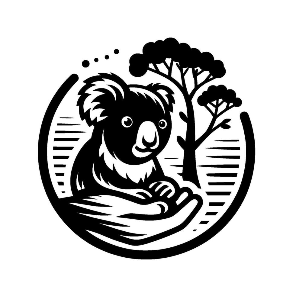 Stylized Black and White Koala in a Hand, with Tree and Circle Frame, Illustrating Nature and Care. vector