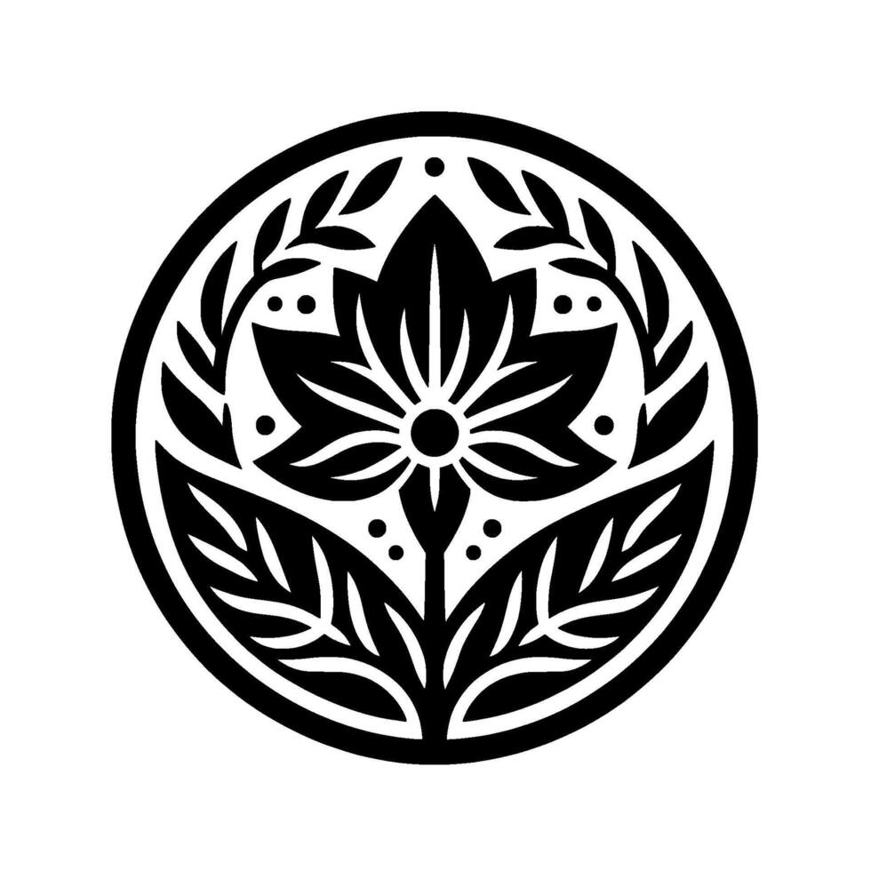A symmetrical black and white floral crest featuring stylized leaves and petals inside a circular frame, on a solid white backdrop. vector