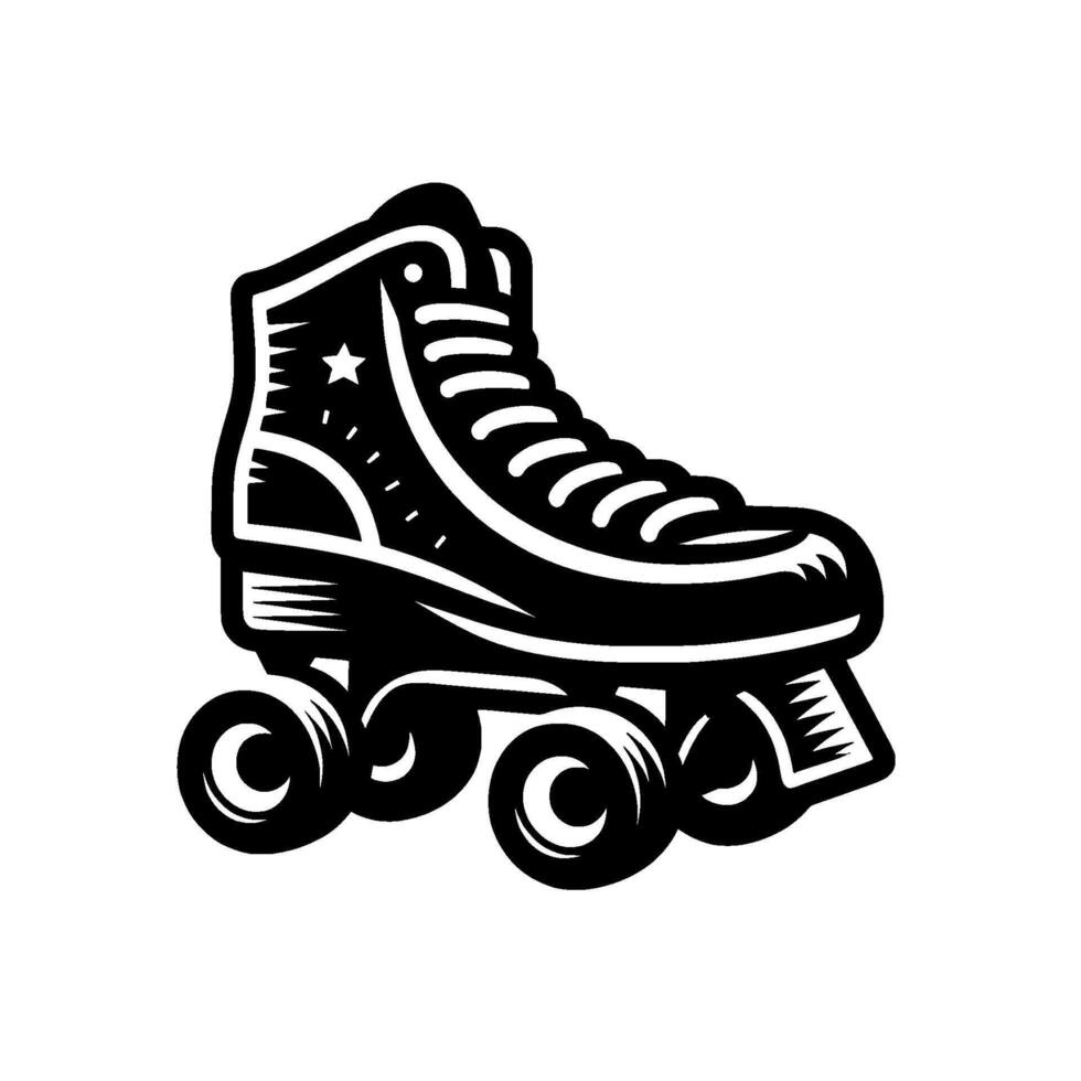 Classic Black and White Roller Skate Illustration with Star, Dots, and Retro Aesthetic, on White Background. vector