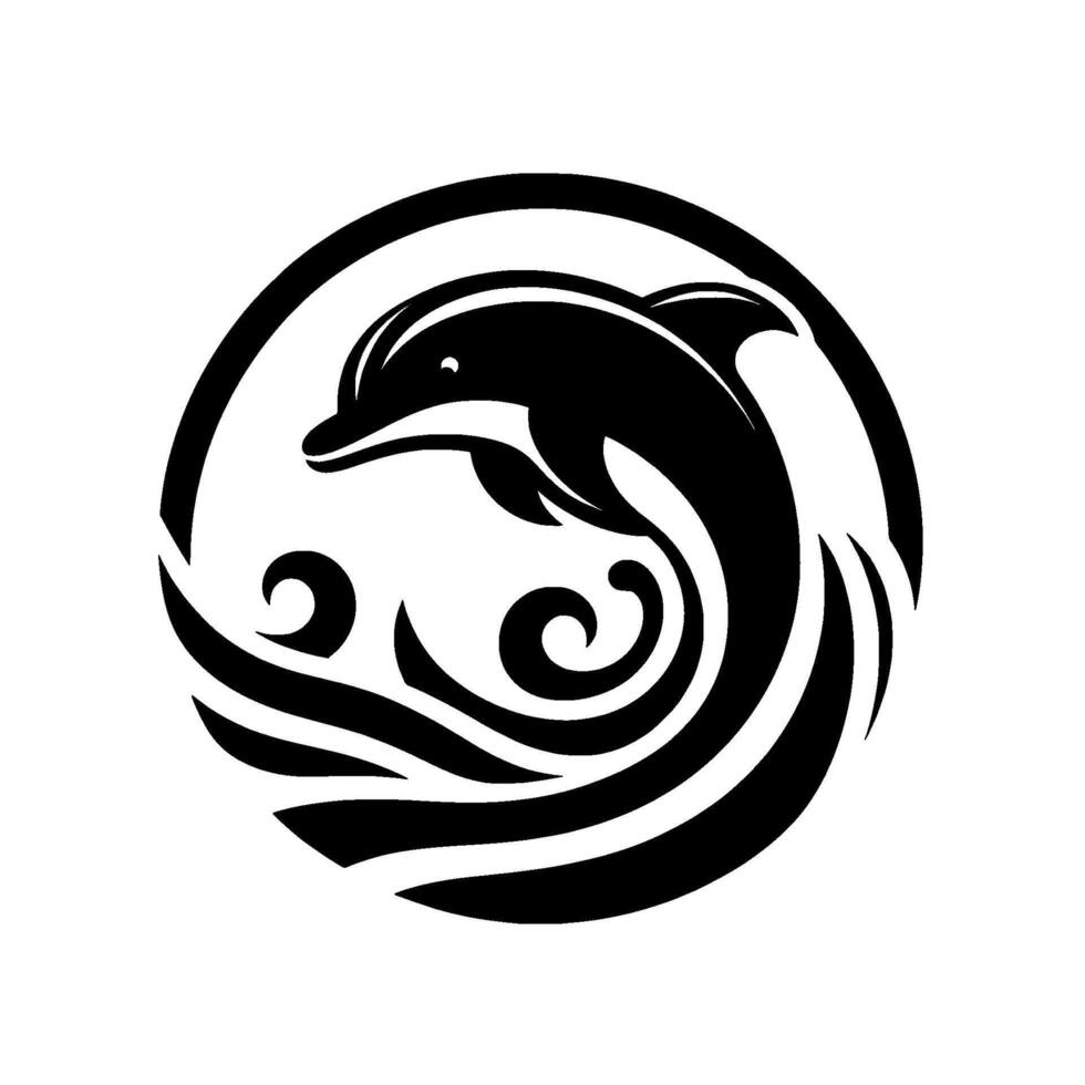 A stylized black and white dolphin gracefully leaping amidst stylized waves inside a circular frame, evoking a sense of freedom. vector