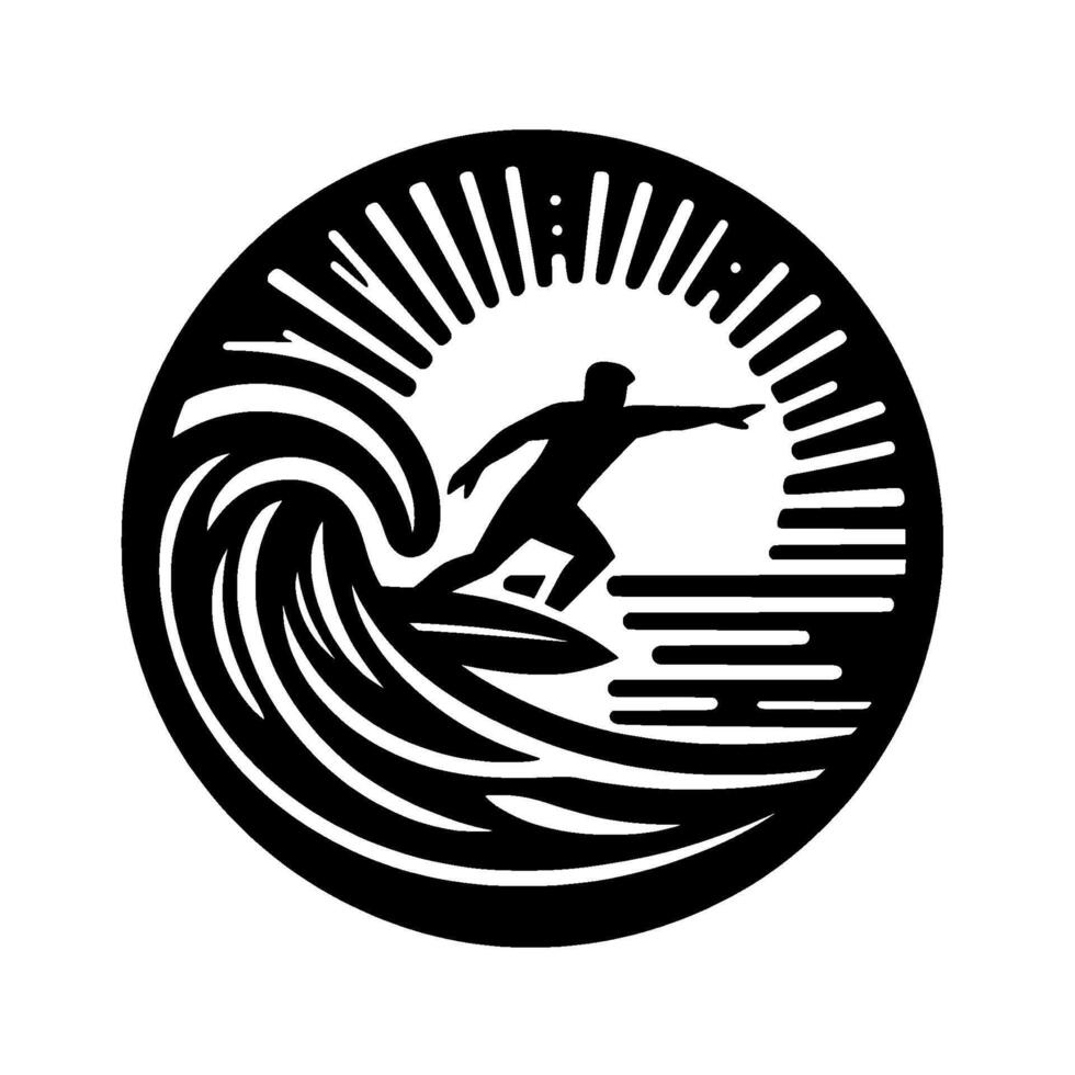 Silhouette surfer rides a wave within a circle. Black and white emblem depicts action and the ocean. vector