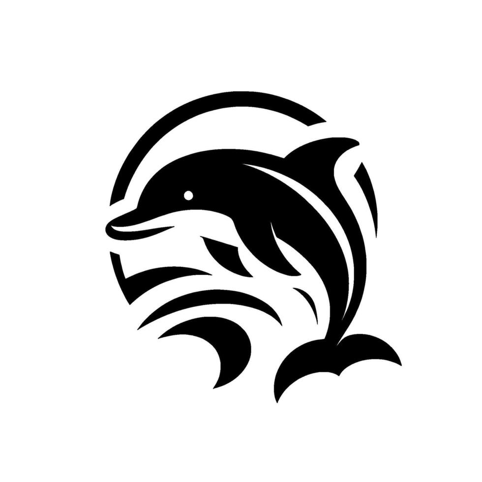 Stylized Black Dolphin Jumping Out of Water, Within a Circle, Clean Minimalist , White Background vector