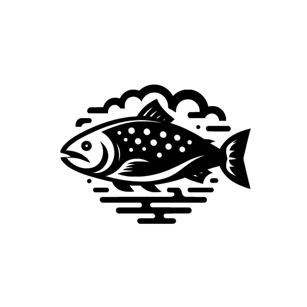 Stylized Black and White Fish with Spotted Body, CloudLike Circle, and Minimalist Water Lines on White Background. vector
