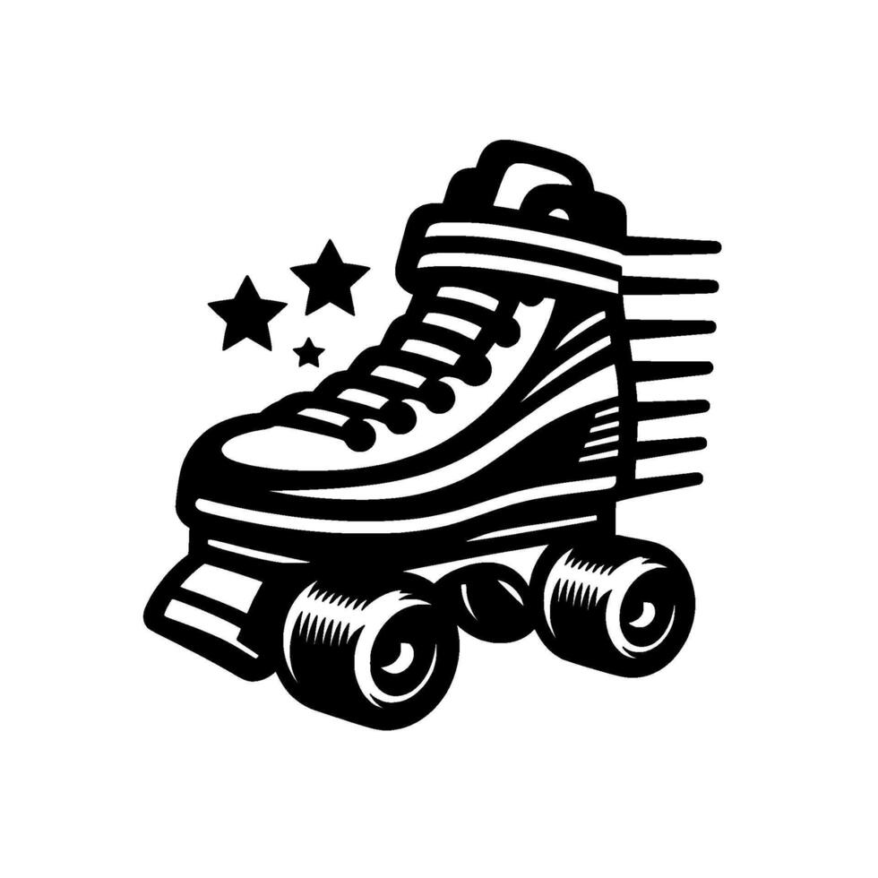 Stylized Retro Roller Skate with Motion Lines and Star Accents in Black and White, Representing Speed. vector