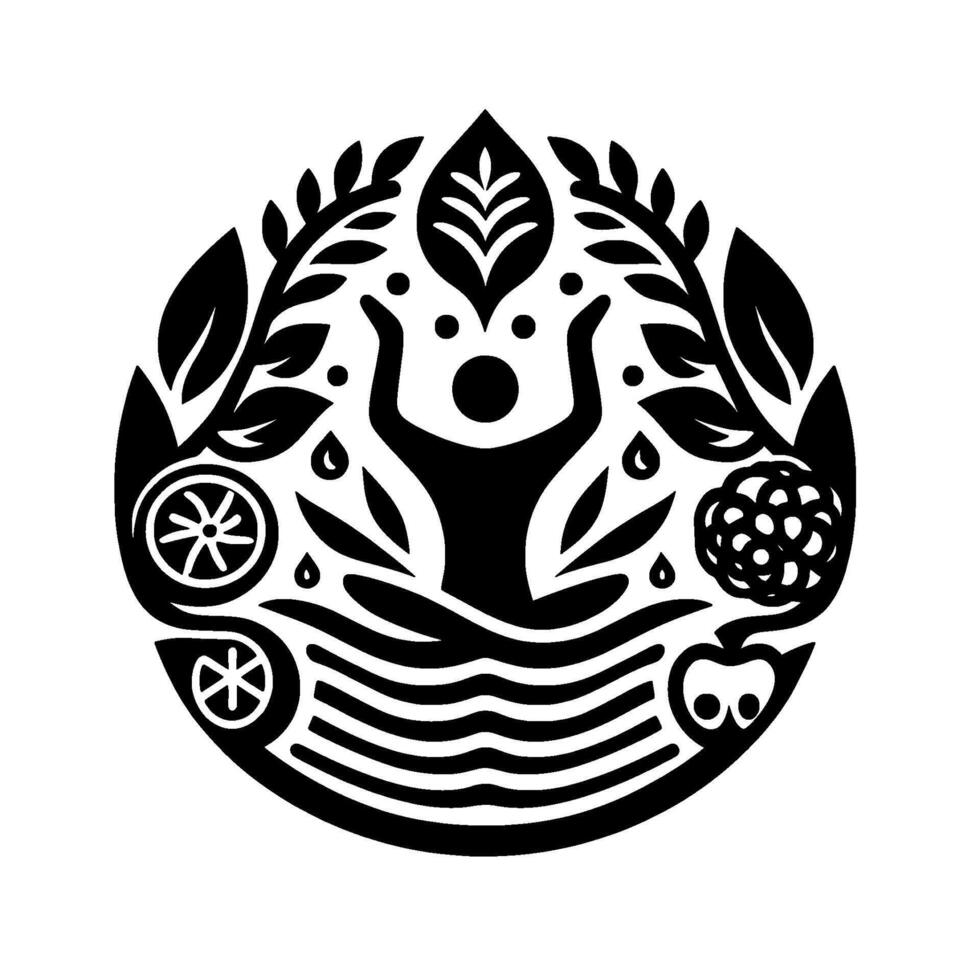 A circular black and white illustration depicting a figure in water surrounded by botanical elements like fruits, leaves, and water drops, symbolizing nature and life. vector