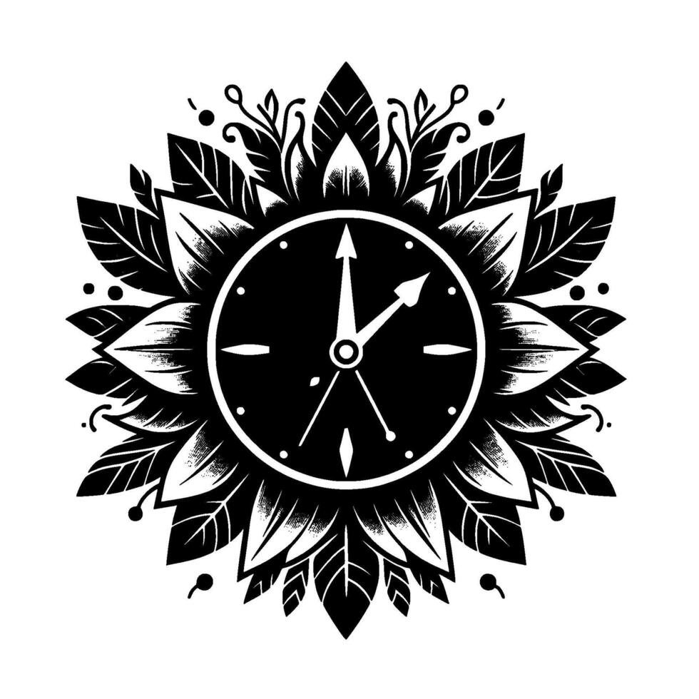 Black and White Floral Clock Intricate Timepiece Illustration with Leafy Frame, Stylized and Ornate. vector