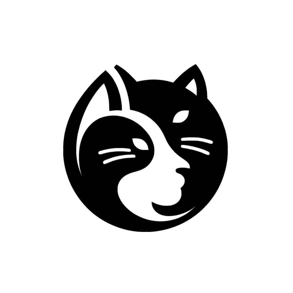 Black and white yinyang cat featuring stylized facial profiles and a minimalist within a circular shape. vector