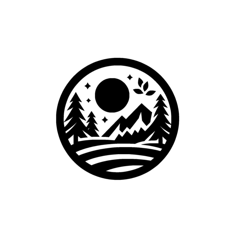 Black and White Circular Minimalist Landscape Mountains, Trees, Moon, Stars, Leaf Elements. vector