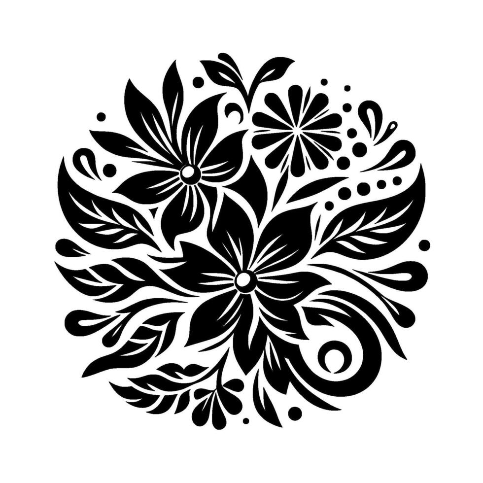Intricate Black and White Floral Composed in a Circular Formation, Featuring Bold Petals, Leaves, and Detailed Ornamental Elements. vector
