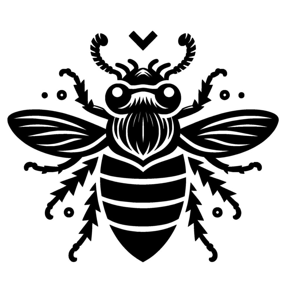 Stylized, symmetrical, black and white illustration of a bee with ornate details, wings spread, and a chevron accent. vector