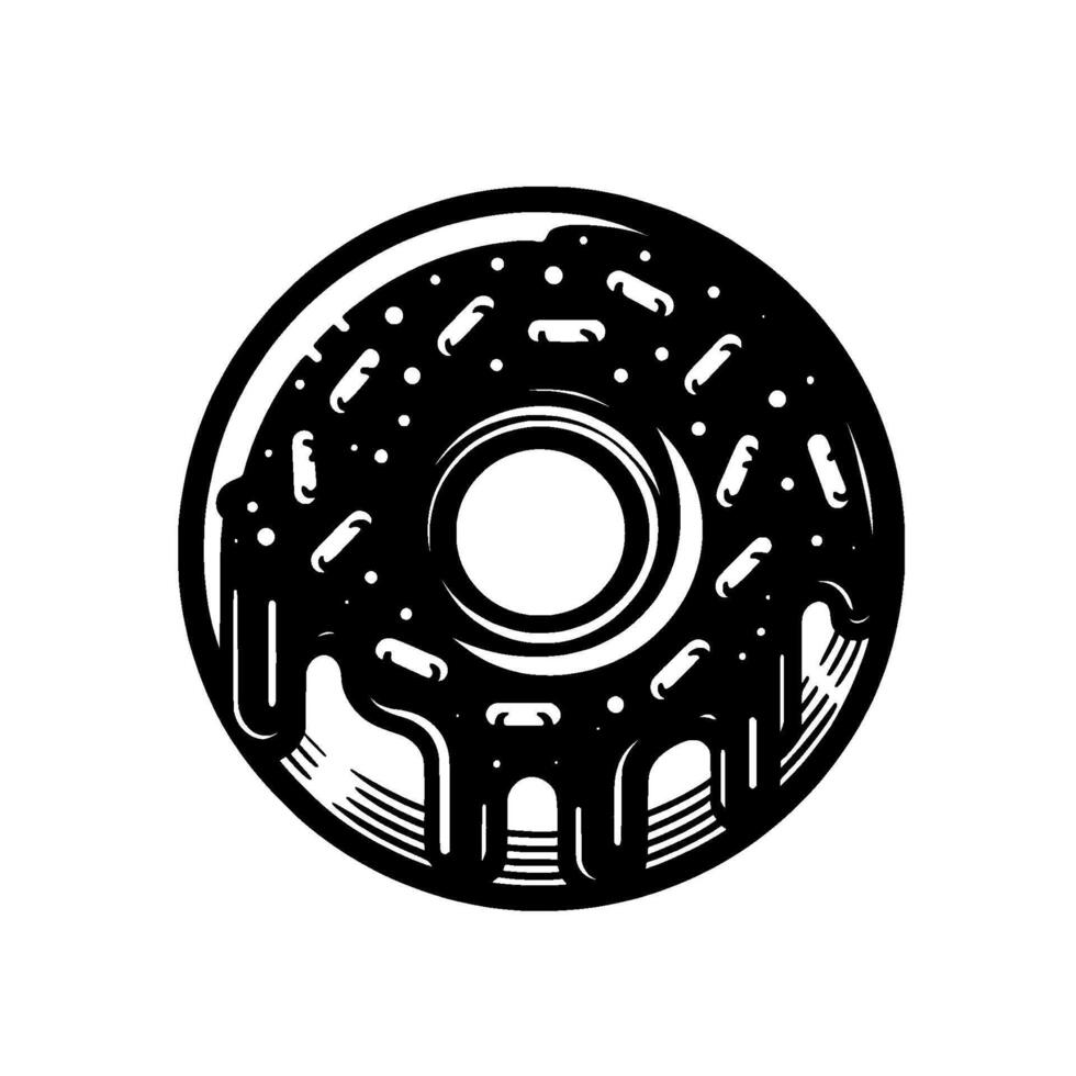 Bold Black and White Donut Illustration Detailed Sprinkles Glaze Drip, Minimalist Food Art on White Background. vector