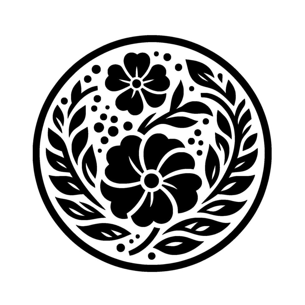 Minimalist Floral Medallion A symmetrical black and white of flowers, leaves, and dots, arranged in a circle. vector
