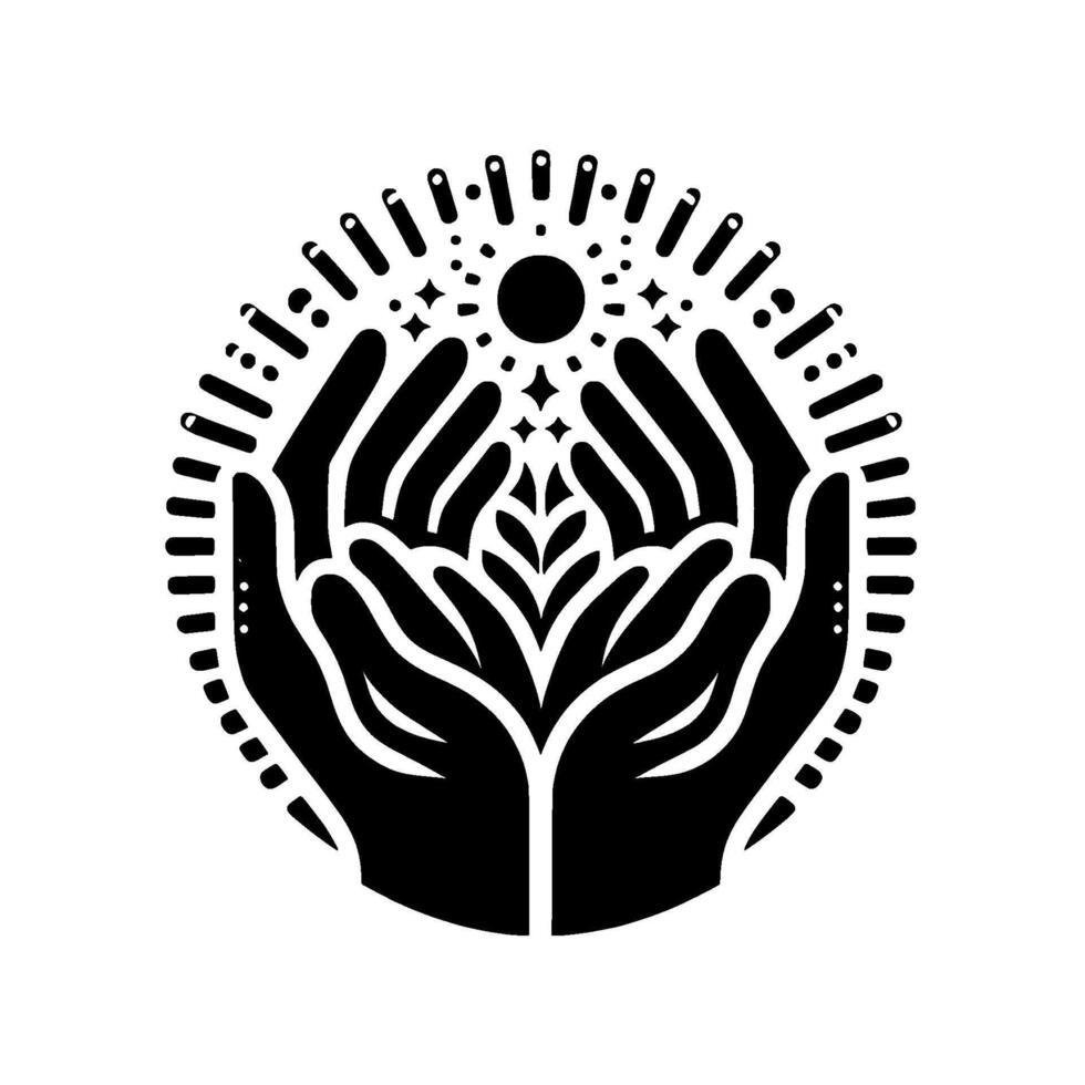 Stylized emblem Open hands cradle a blossoming plant with a central sunburst, stars, and a radiating border . vector
