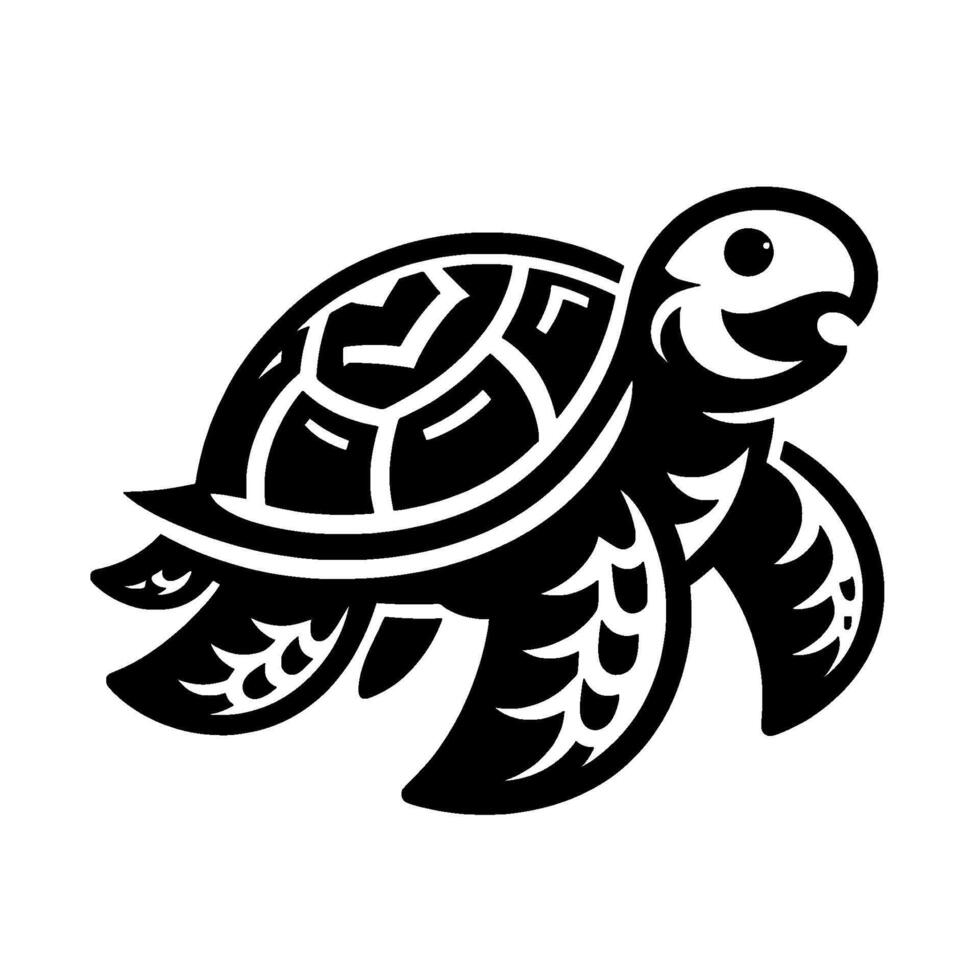 Black and White Illustration of a Friendly Sea Turtle with Detailed Shell and Winglike Flippers on White Background. vector