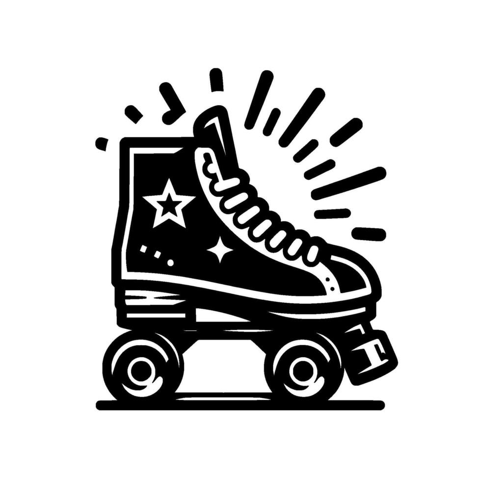 Retro Roller Skate with Star Embellishments and Burst Accents in Bold Black and White Silhouette. vector