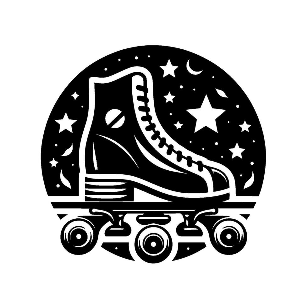 Retro Roller Skate Illustration, Black White, Surrounded by Stars and Crescent Moon, in a Circular . vector