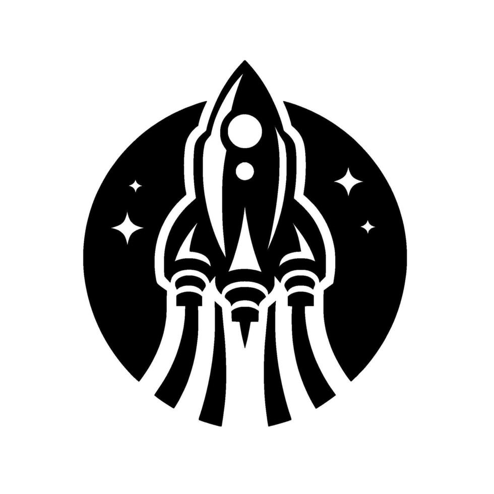 Stylized black and white illustration of a rocket ship launching, set against a black circle with star icons. vector