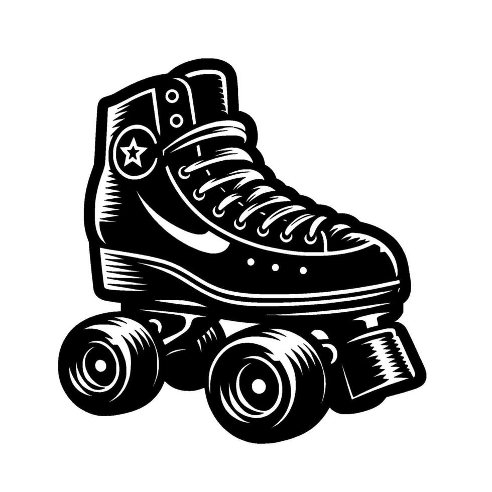 Bold Black White Illustration of a Vintage Roller Skate with Star and Swoosh, Retro . vector