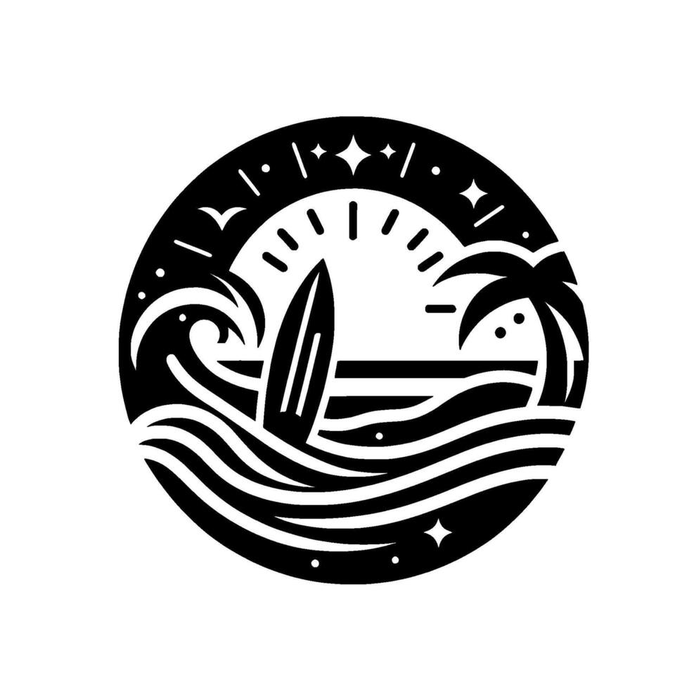 A stylized monochrome circular emblem of a serene beach scene, showcasing a surfboard, waves, palm tree, sun, and stars. vector