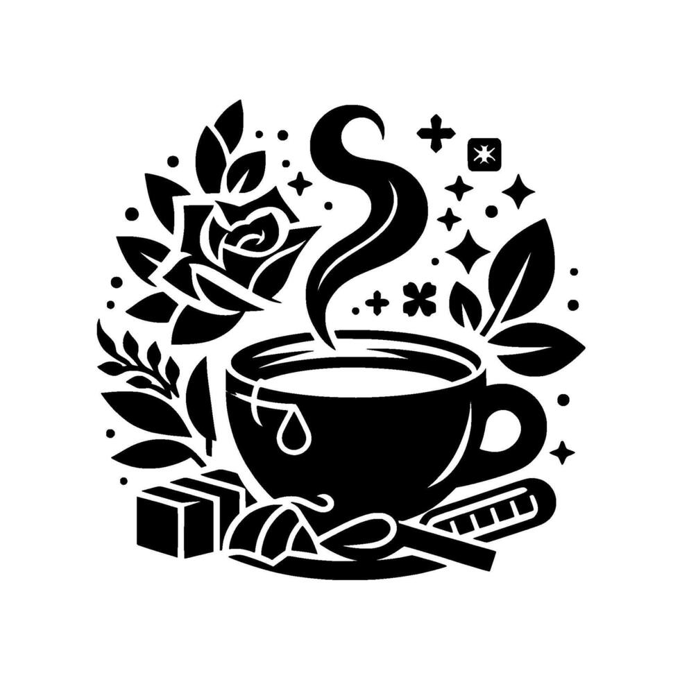 Elegant Black and White Illustration Steaming Cup of Tea, Rose, Sugar Cubes, Spoon, Leaves, and Decorative Celestial Elements. vector