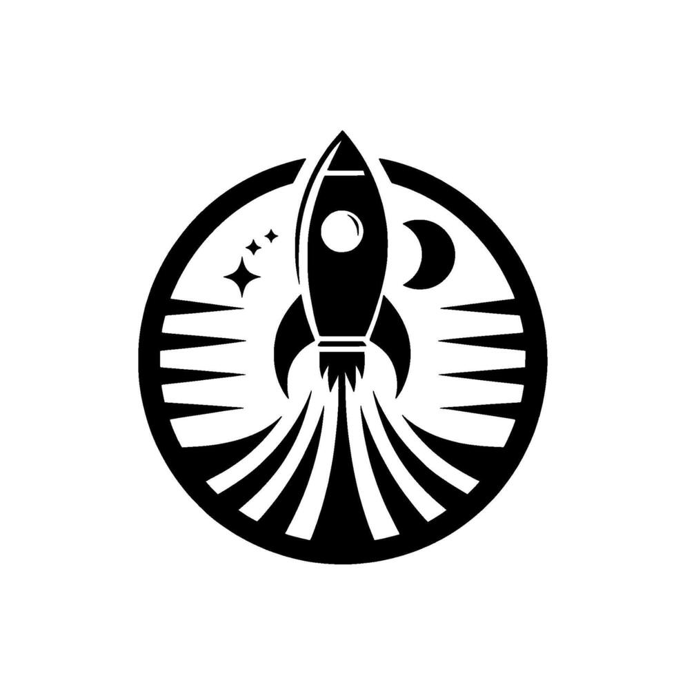 Black and white depicting a retro rocket ship blasting off within a circular frame of a moon, stars, and exhaust lines. vector